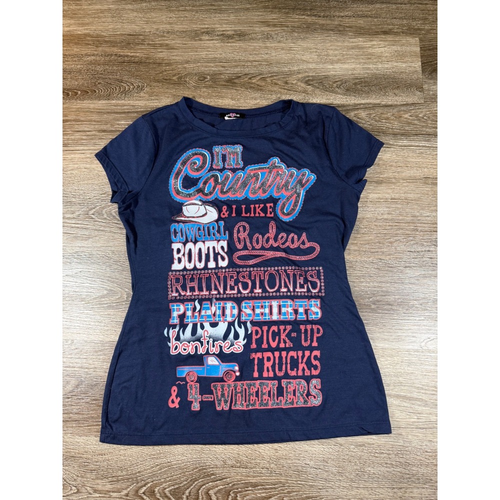 Ransom T-Shirt Womens S Navy Blue I'm Country Graphic Glitter Rhinestone Western